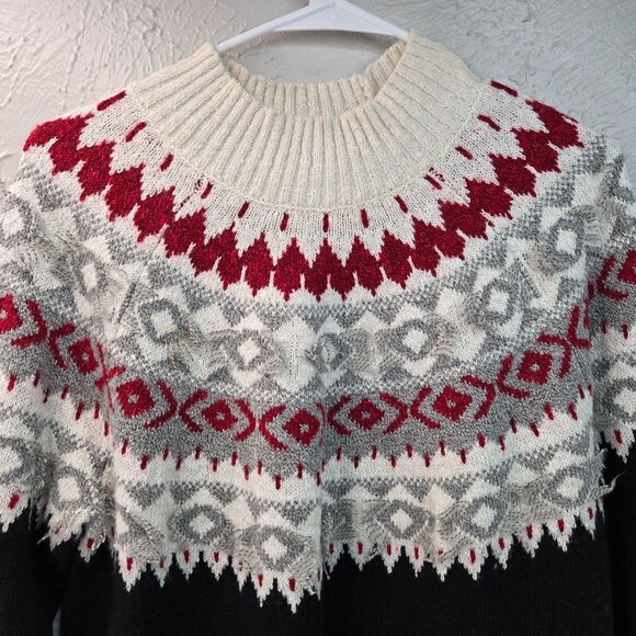 J. Jill Fair Isle Pullover Sweater M Black White Nordic Holiday Long Sleeve Top - Picture 3 of 12